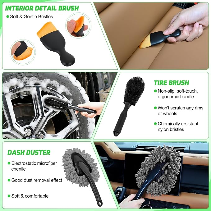 37PCS Car Detailing Kit Auto Cleaning Tools Wash Set with Storage Carry Bag Home Use for Interior Exterior Deep Clean Car Care Windshield Dashboard Seat Air Vents Wheels Tires, Green