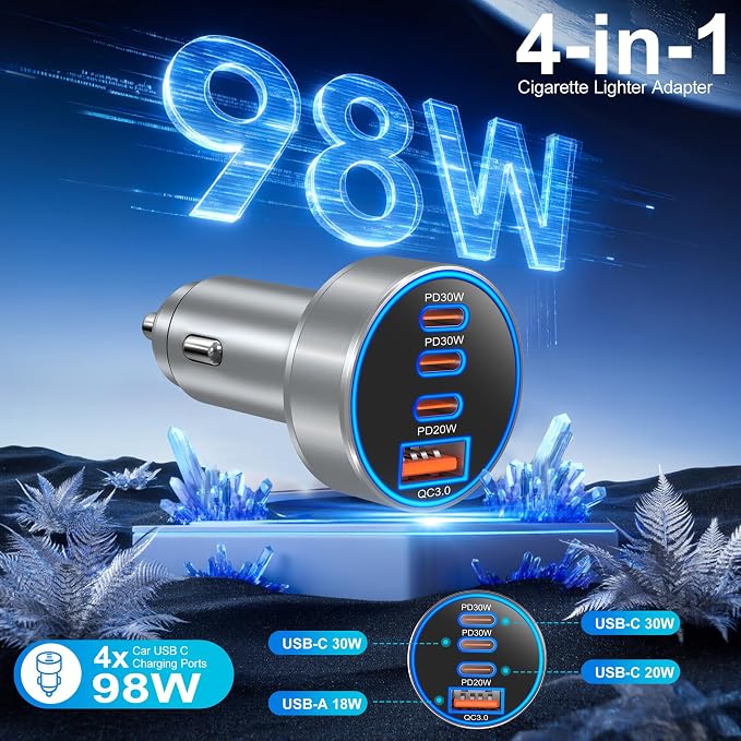 USB C Car Charger, 98W Super Fast Charging Cigarette Lighter Adapter Multiport 12V-24V USB Phone Car Charger Plug for iPhone 17 17e 16 15 14 13 12 Pro Max Pad Galaxy Pixel Android(Gray)
