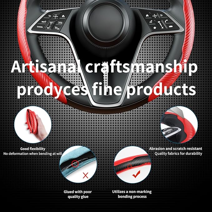 3Pcs Carbon Fiber Steering Wheel Cover Universal Fit 99% Cars | Non-slip soft grip, easy to wipe clean, quick to install, perfect for daily commutes and road trips, Red