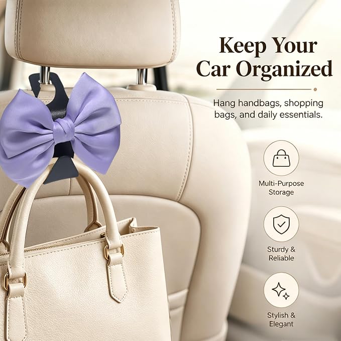 2 Pack Car Purse Hooks, Cute Bow Car Seat Headrest Hook Hanger for Purses and Bags, Space-Saving Car Accessory (Light purple)