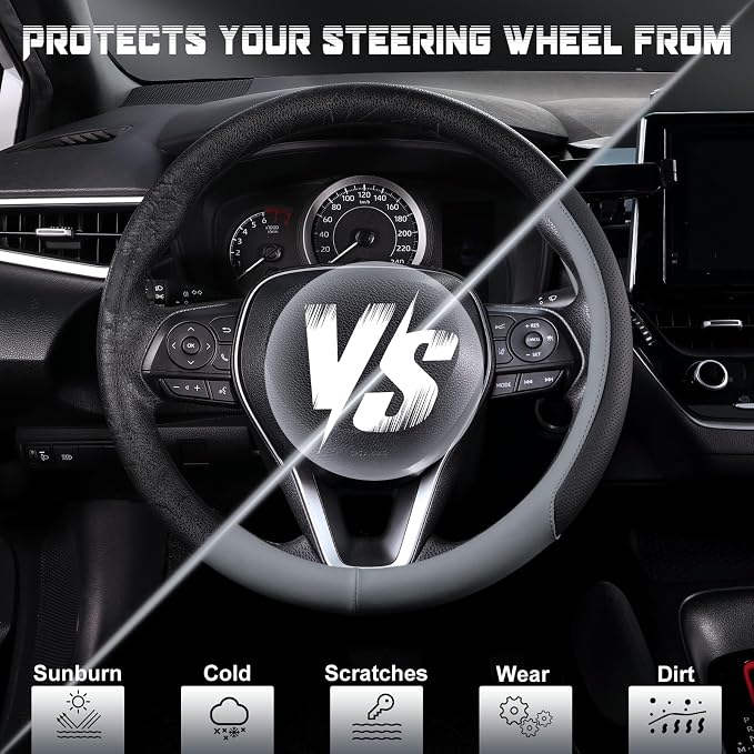 Steering Wheel Cover for 14.5-15 inch Wheels, Breathable PU Leather with Perforated Sides, Anti-Slip Grip, Universal Fit for Cars & SUVs, Black and Gray