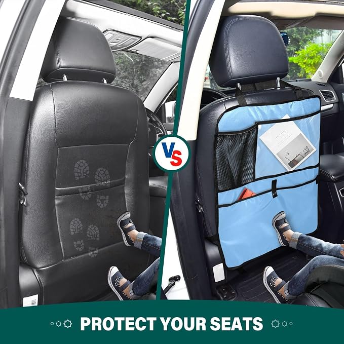 Lake Blue Car Seat Organizer for Kids Backseat Kick Mat with Adjustable Strap Back of Seat Protectors for Cars SUV Vehicle 1 Pcs