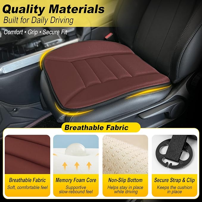 3-Piece Car Seat Cushion Set, 1.2inch Memory Foam Comfort, 2 Front Automotive Seat Cushions + Rear Bench Cushion, Non-Slip Bottom, Fits Sedan SUV Truck Van, Car & Office Chair, Brown