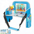 Kids Travel Tray, Car Seat Tray for Kids Travel, Toddler Essentials | Road Trip Activities Accessories with Tablet Holder, Cooler Cup Holder, Dry Erase Board & Storage Pocket for Airplane, Blue