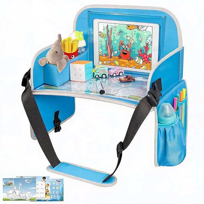 Kids Travel Tray, Car Seat Tray for Kids Travel, Toddler Essentials | Road Trip Activities Accessories with Tablet Holder, Cooler Cup Holder, Dry Erase Board & Storage Pocket for Airplane, Blue
