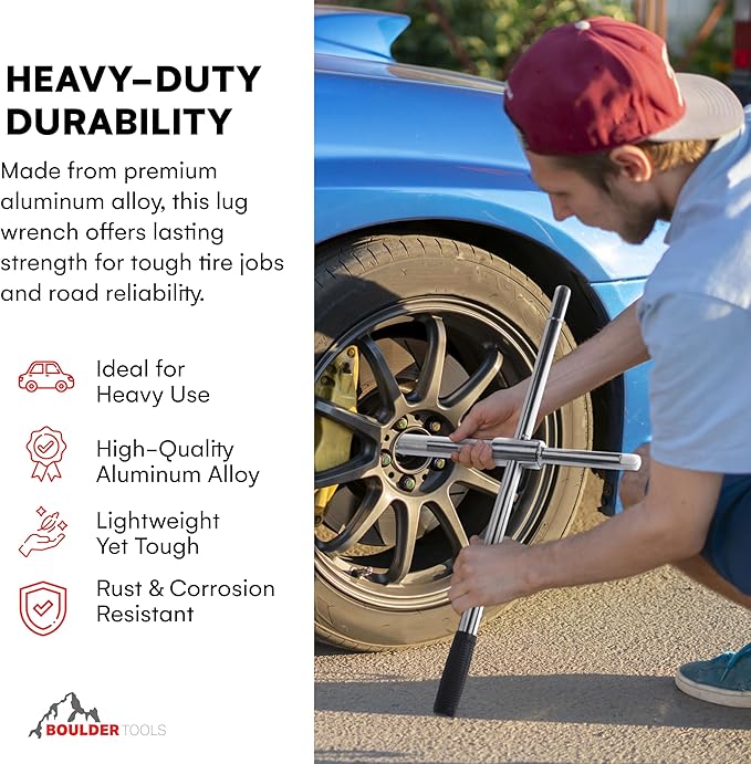 23 inch 4 Way Lug Wrench - Universal Telescopic Tire Removal Tool for Car and Truck - Portable Heavy Duty Tire Changing Tool for 19 mm and 21 mm Nuts - Durable Silver Aluminum Alloy