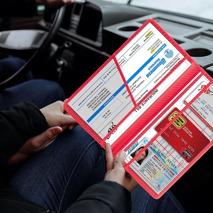 Car Registration and Insurance Card Holder, Vehicle License Document Glove Box Compartment Organizer, Interior Car Accessories for Women Men (Carbon Red)