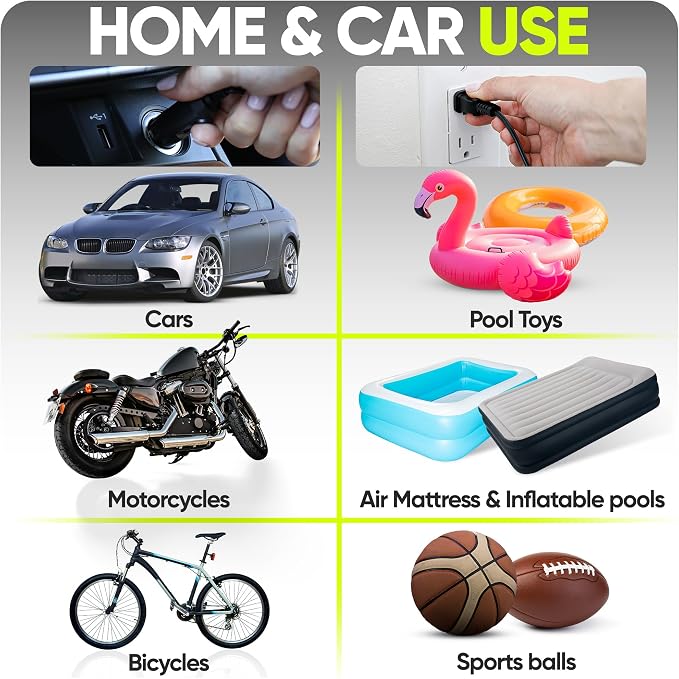 Tire Inflator Portable Air Compressor, Air Pump for Car Tires and Bikes, Car Tire Pump w/Auto Shut Off, 150 PSI, 110V AC 12V DC, LED Light, Carrying Case, Perfect For Men, Women