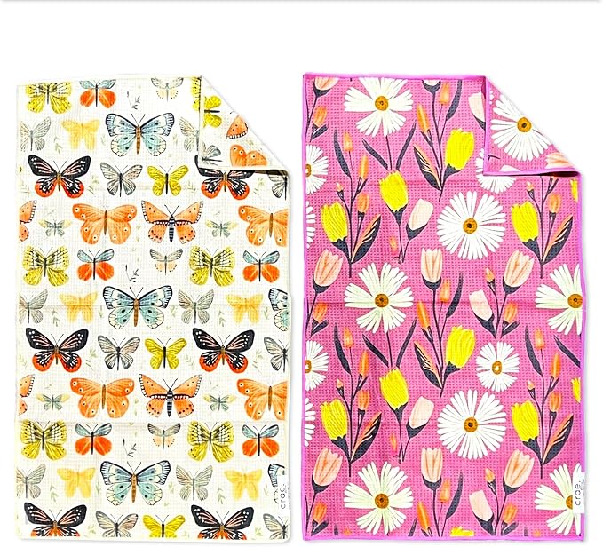 Double Sided Microfiber Hand Towels, 17x27 Inches Waffle Design Kitchen Towels Set, Durable & Soft Fast Drying Hand Wash Cloth, Everyday Use Dishcloth at Home (Wings & Flower Farm- Purple/Cream)
