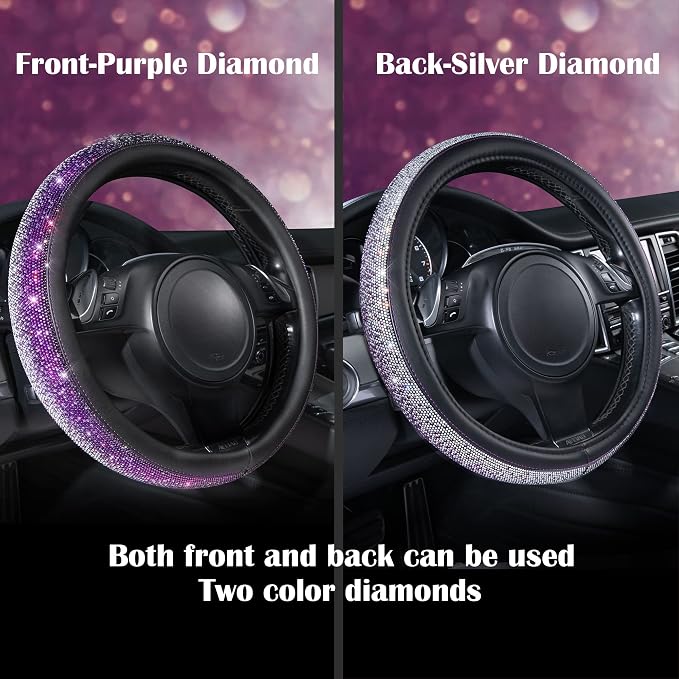 Bling Diamond Leather Steering Wheel Cover, Bling Sparkly Crystal Glitter Rhinestones Universal Fit 14" 1/2-15" Car Wheel Protector for Women Girl Fit Suvs,Vans,Sedans,Trucks, Purple Silver