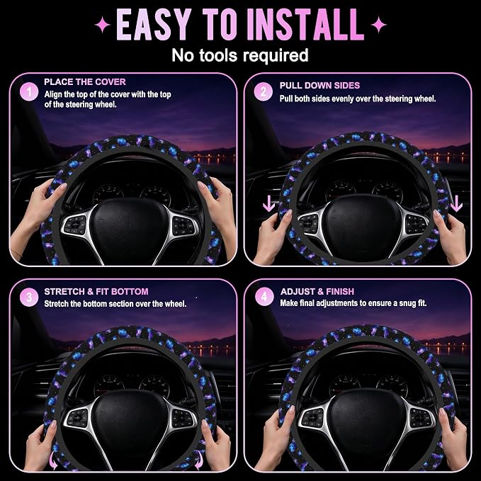 Galaxy Butterfly Steering Wheel Cover for Women Men Neoprene Breathable Wheel Cover Protector Anti-Slip Car Accessories Universal 15 Inch Fit for Cars Trucks Vehicles