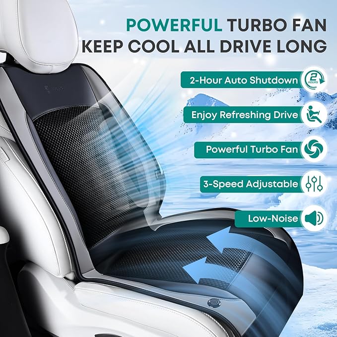 Cooling Car Seat Cover Front Seat, 12V-24V Ventilated Seat Cushion, Cooling Car Seat Cushion with 2 Powerful Turbo Fans 3-Speed Adjustable for Summer Driving, Universal Fit for Car SUV Truck