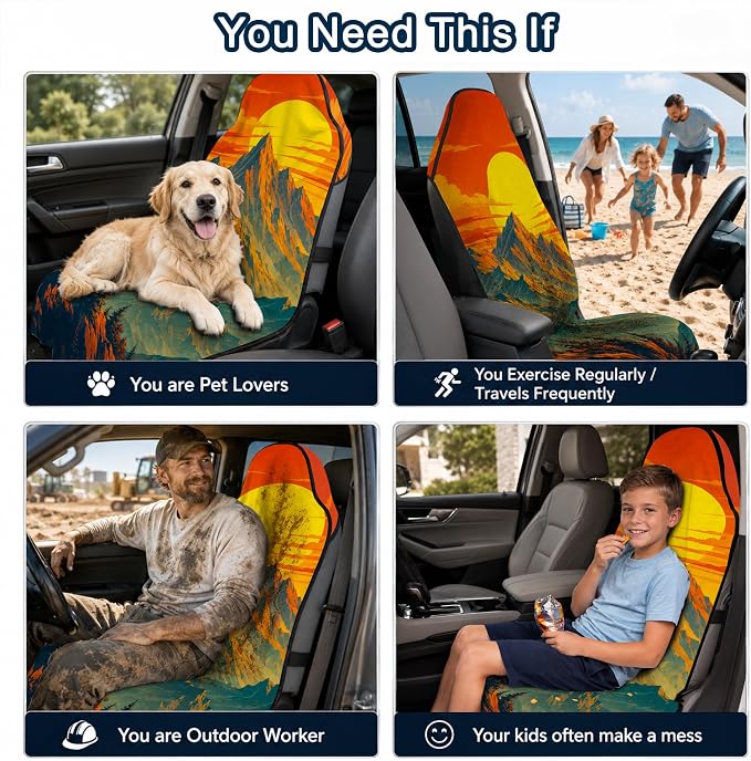 Car Seat Towel Cover for Front Seats, 1Pc Sweat Absorbent Car Seat Protector with Non-Slip Backing, Waterproof Towel Car Seat Covers for Runners, Gym, Swimming, Beach, Pets, Mountain Sunset