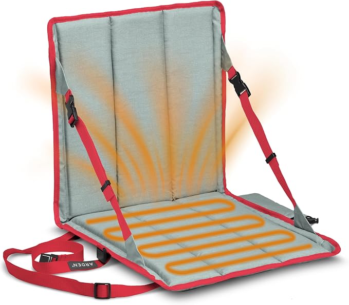 Heated Stadium Seat, Foldable, Lightweight with Carrying Strap, Foam Cushion for Comfort, Adjustable, Back Support, Multi-Functional Use As Stadium Seat or Seat Pad, Gray/Red