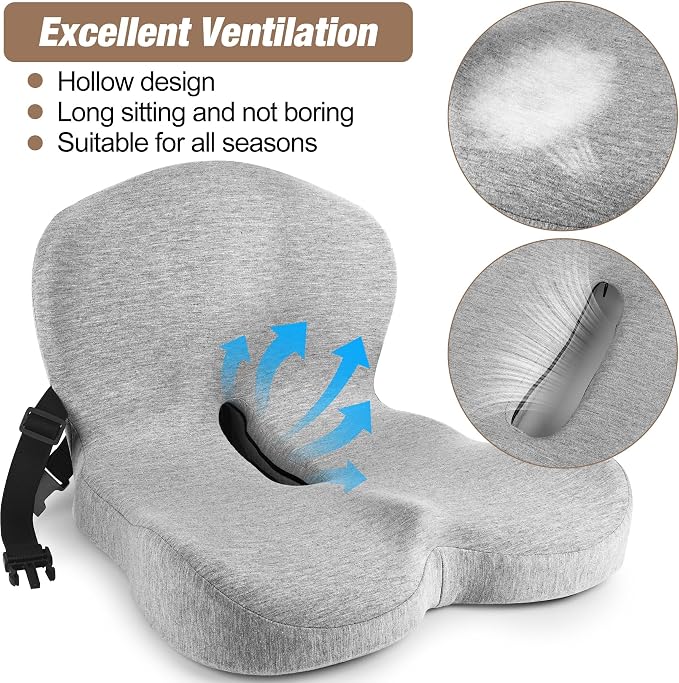 Truck Seat Cushion, Memory Foam Trucker Seat Cushion for Truck Driver Long Sitting with Adjustable Strap, Back Support and Pain Relief for Trucker Driving Office Chair and Pain, Light Gray
