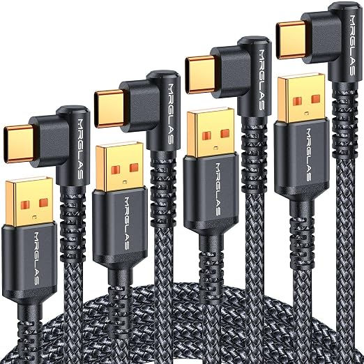 3.2A USB C Charger Cable,[4-Pack,10+6.6+3.3+1.6FT] USB A to USB C Right Angle Gold-Plated Type C Charger Fast Charging Durable Braided Cord for iPhone 17 16 15 Samsung S10 Note 10 S21 LG-Black