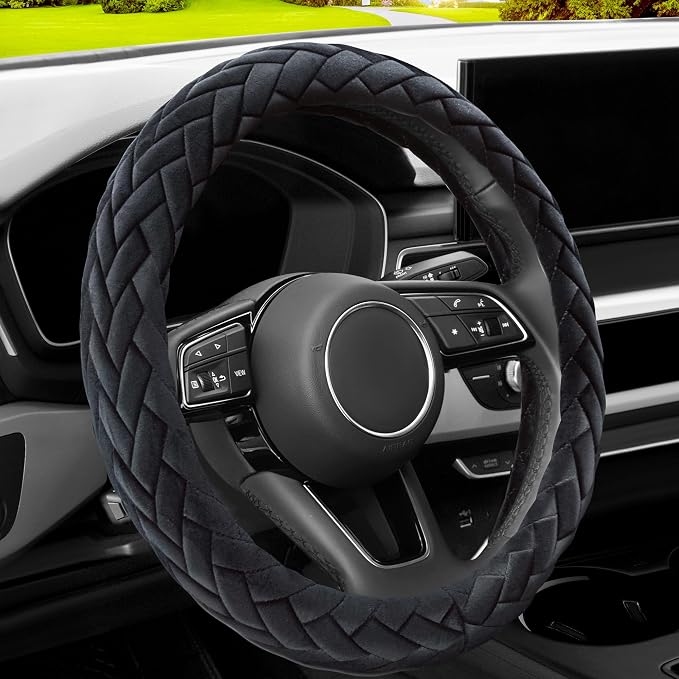 YHONGJT Soft Velvet Steering Wheel Cover Cute Hands Warm Fuzzy, Universal 15 Inch for Women Girls, Fit Vehicles, Sedans, SUVs, Vans, Trucks - Black