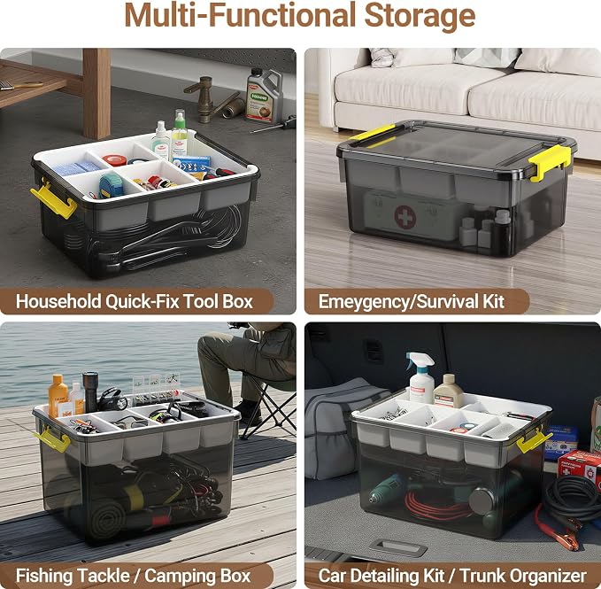 20Qt Stackable Storage Bin with Lid & Tray, Clear Plastic Latching Box Organizer with Divider Portable Container for Arts & Crafts, Home & Car Trunk Organization,Clear Grey,1Pack