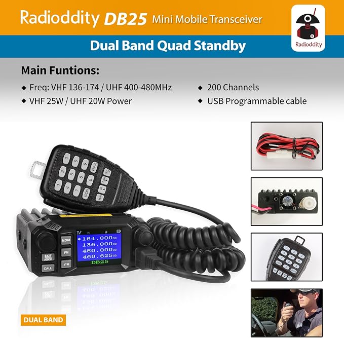 DB25 Pro Dual Band Quad-Standby Mini Mobile Car Truck Radio, 4 Color Display, 25W Vehicle Transceiver with Cable + High Gain Quad Band Antenna