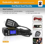 DB25 Pro Dual Band Quad-Standby Mini Mobile Car Truck Radio, 4 Color Display, 25W Vehicle Transceiver with Cable + High Gain Quad Band Antenna