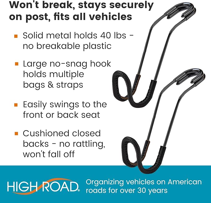 Car Hooks for Purses and Bags with Leather Trim - Unbreakable Car Seat Hooks for Large Purse Straps and Heavy Bags up to 40 lbs - Secure Attachment Loops Fit All Headrest Posts, 2-Pack
