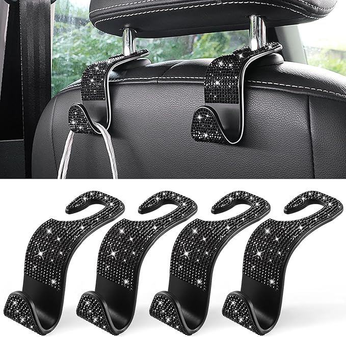 Car Seat Headrest Hook, Auto Seat Hook Hangers Storage Organizer Interior Accessories for Purse Coats Umbrellas Grocery Bags Handbag, 4-Pack(Bling Black)