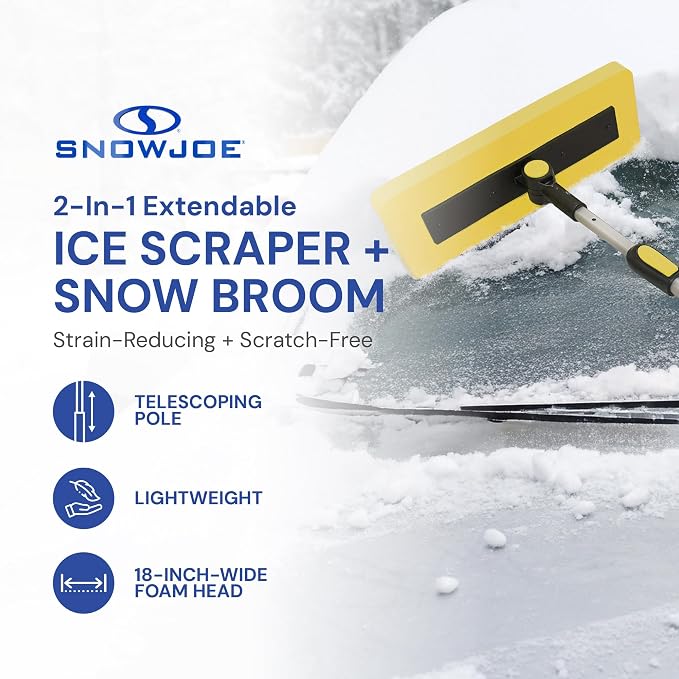 2-in-1 Telescoping Snow Broom and Ice Scraper with 18-Inch Non-Scratch Foam Head - Car Cleaning Tool with Long Extendable Handle for Windshield, Roof, Truck, and SUV, SJBLZD-PRX