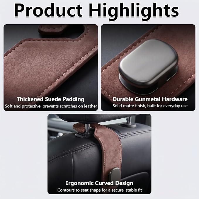 Purse Hook for Car Seat Headrest, Suede Car Purse Hook, Heavy Duty Car Hook Organizer for Handbags, Grocery Bags & Backpacks, Universal Car Hooks for SUV Truck Interior(Brown,2pcs)
