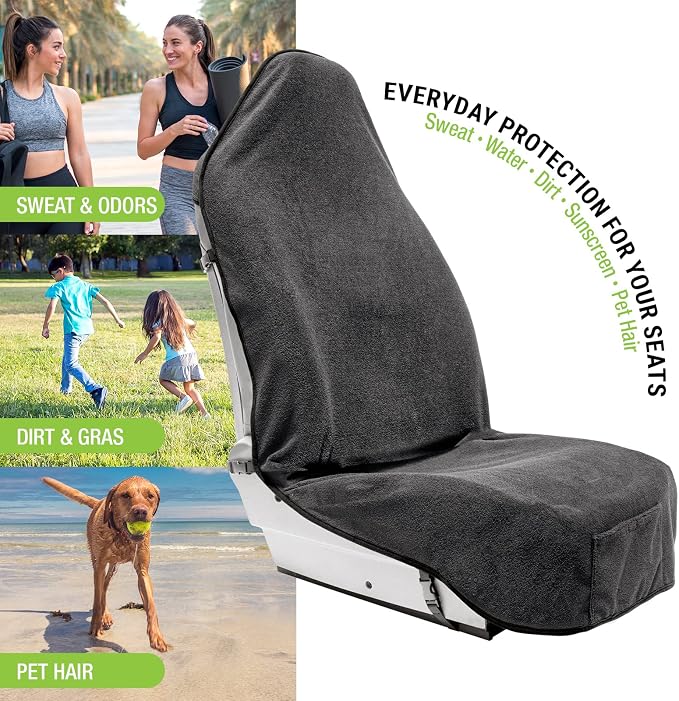 Towel Seat Cover, Waterproof Car Seat Protectors for Gym, Workout & Active Lifestyle, Universal Fit for Car SUV Truck Van, Non-Slip 3 Strap Design, Machine Washable, 1 Pack Grey