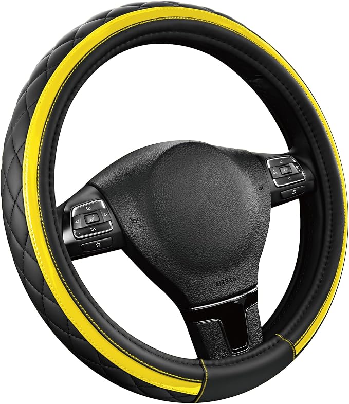 Leather Steering Wheel Cover – Black & Yellow, Universal Fit 14.5-15 Inch, Microfiber Leather, Anti-Slip & Breathable Design for Men and Women