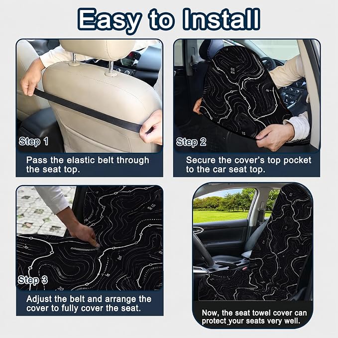 Car Seat Towel Cover 2 Pack for Front Seats, Sweat Absorbent Car Seat Protector with Non-Slip Backing, Waterproof Towel Car Seat Covers for Runners, Gym, Swimming, Beach, Pets, Trail Map