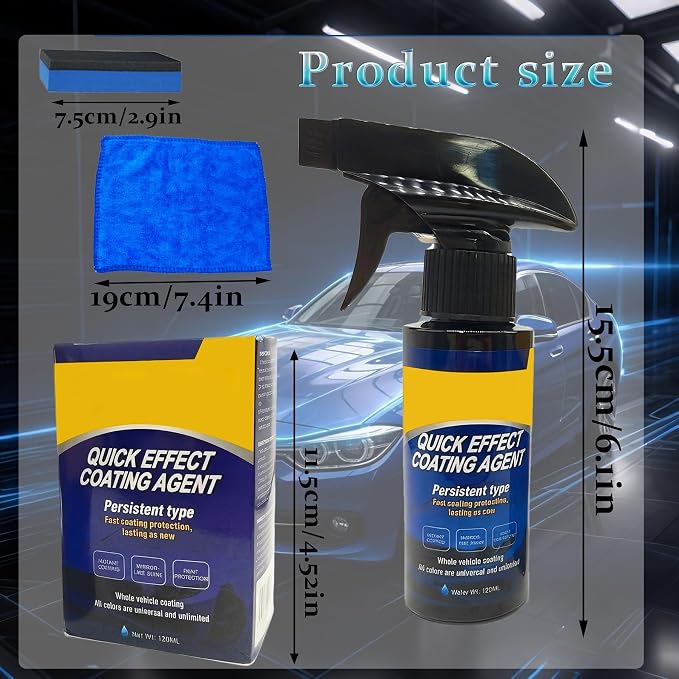 Quick Effect Coating Agent for Car, Quick Effect Coating Agent,Waterless Wash & Polish,Car Coating Spray for Shine & Protection,Quick Acting Paint Protection and Glass Cleaner(1Pack:120ml+Brush+Towel)