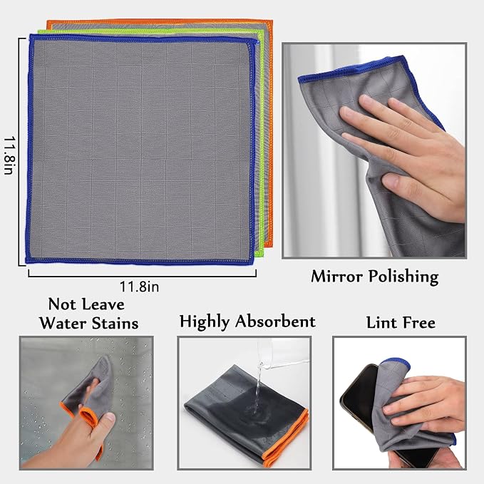 Microfiber Glass Cleaning Cloths,3 Pack Streak Free Miracle Cleaning Cloth,Reusable Lint Free Cleaner Towels for Kitchen,Windows,Mirror,Glasses,Car Windshields,Stainless Steel,11.8"×11.8"