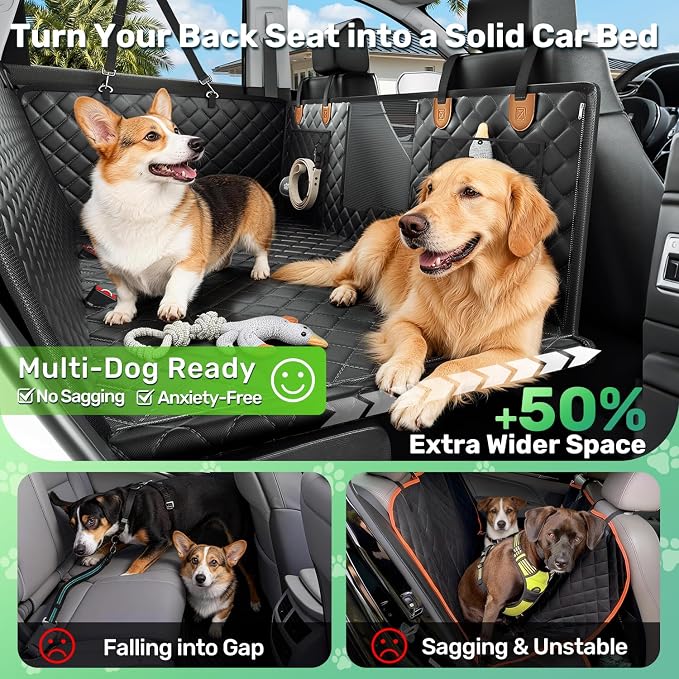 Heavy-Duty Dog Car Seat Cover, Flat Solid Back Seat Extender for Multi Large Dogs, Hard Bottom Supports 450 lb, Waterproof Scratchproof Hammock Protector, Standard for Cars, SUV, Trucks, Matte