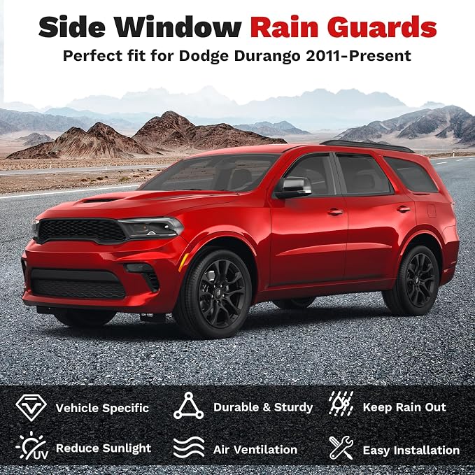 Durango Rain Guards - Window Visors for Dodge Durango 2011-2025 2026, Outside-Mount Tape-On Side Window Wind Deflectors for Durango Accessories, Vent Visors Shades Rainproof Black 4PCS