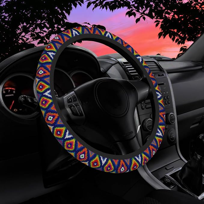 Colorful Ethnic Geometric Steering Wheel Cover for Women Men Neoprene Breathable Wheel Cover Protector Anti-Slip Car Accessories Universal 15 Inch Fit for Cars Trucks Vehicles