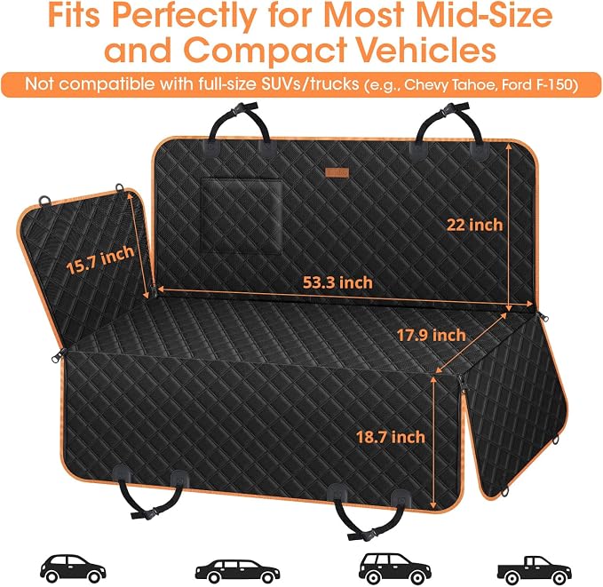 Dog Car Seat Cover for Back Seat, 100% Waterproof Heavy Duty Pet Seat Cover Hammock with Side Flaps, Nonslip Scratchproof Car Seat Protector for Cars and SUVs (Black)