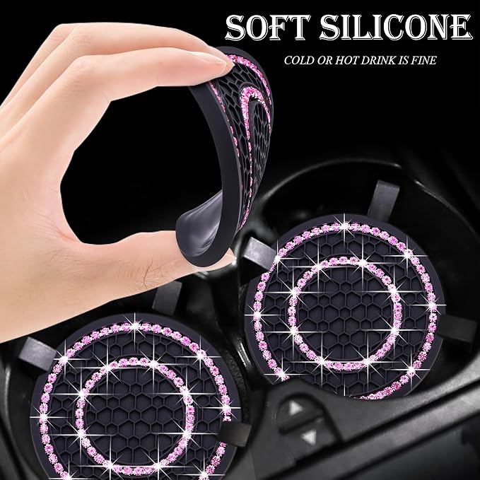2PCS Bling Crystal Rhinestone Cup Coaster Insert, 2.75 inch Soft Silicone Anti-Slip Shockproof, Car Drink Holder Coaster, Universal Car Interior Accessories for Women (Black & Pink)
