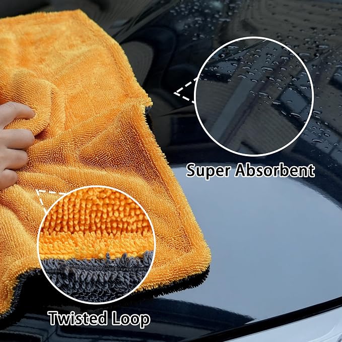 1000GSM Car Drying Towel 18"x24", Edgeless Double Twist Pile, Ultra Absorbent Microfiber Towel, Scratch-Free Lint-Free Streak-Free for Auto Detailing & Car Wash – Yellow&Grey