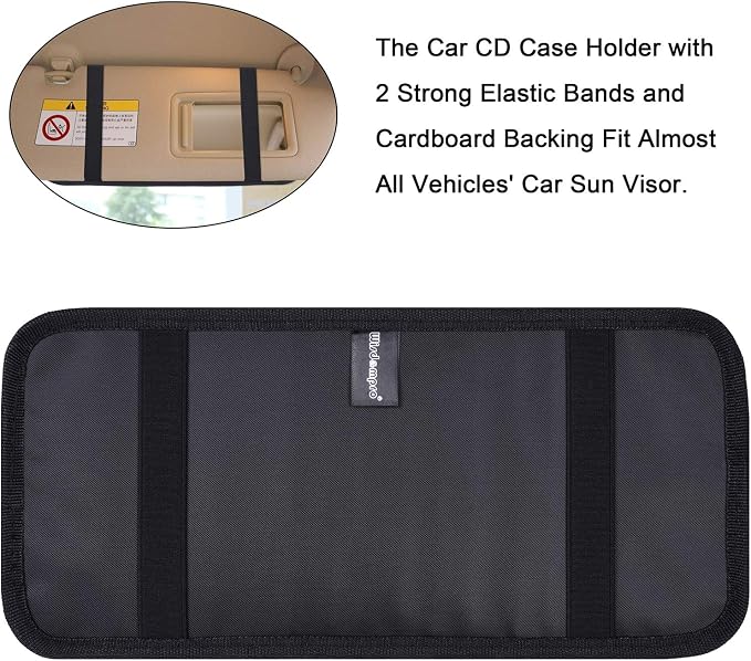 Car CD Case Holder, Vehicle Sun Visor Organizer for Cars with 12 DVD Storage Sleeves, 1 Mesh Pocket, 1 Pen Holder and Elastic Strap, Black