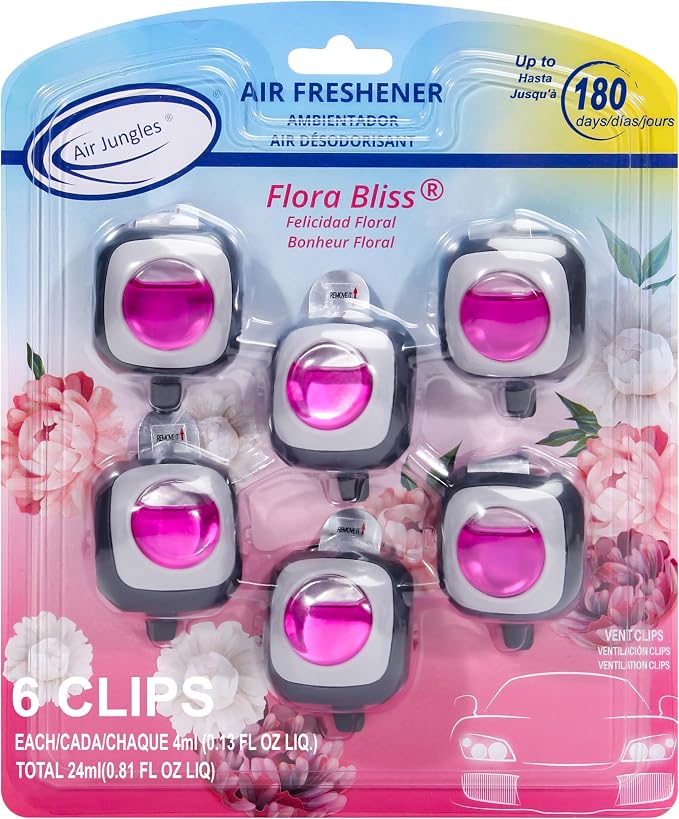 Flora Bliss Scent Car Air Freshener Vent Clip 6 Ct Long Lasting | Up to 180 days, Natural Essential Oil, Car Fragrance Accessories for Women and Men, Odor Eliminator, 4 mL Each