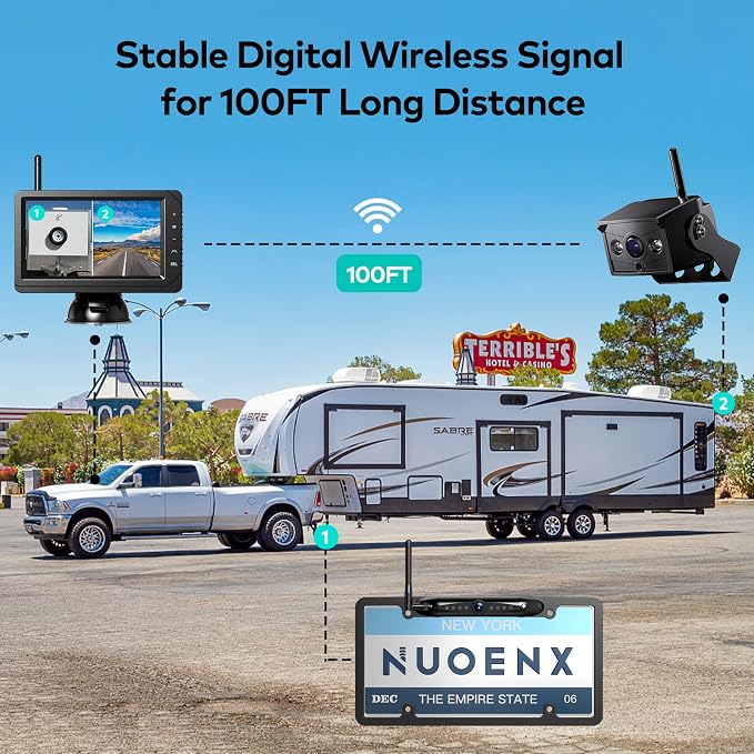 Nuoenx Backup Camera for RV, Split Screen 5 Inch HD Monitor W/Wireless License Plate Backup Camera & Wireless Rear View Camera, IR Night Vision Waterproof For Trailer, 5th Wheel