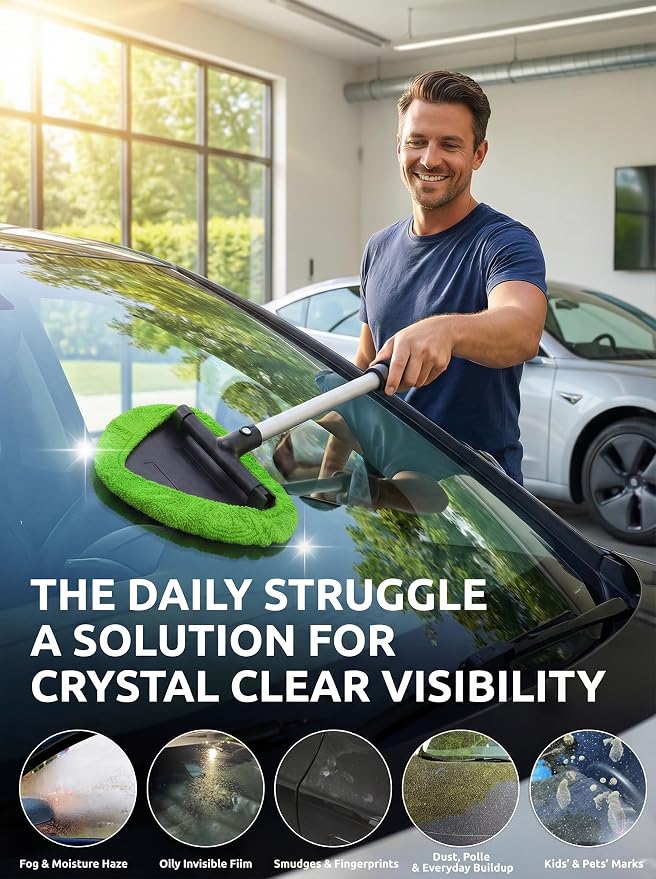 Window & Windshield Cleaner, Extendable, 3 Microfiber Pads (Green) | Pivoting Triangle Head Wiper Cleans Interior & Exterior Glass, 3 Washable Reusable Bonnets, Lint-Free