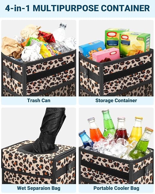 Car Trash Can with Lid, Leakproof Car Trash Bag Hanging Waterproof Automotive Garbage Can with Storage Pockets Mini Vehicle Trash Bin for Back/Front Seat(Leopard,2.5 Gallon)
