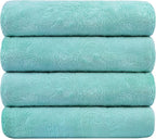 Microfiber Bath Towels, Bath Towel 4 Pack(30" x 60"), Oversized, Soft, Super Absortbent and Fast Drying, Multipurpose Use for Sports, Fitness, Yoga, Green-Floral Embossed