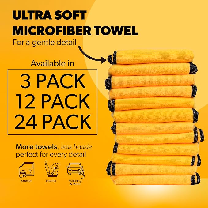 Professional Grade Premium Microfiber Towels for Cars, Gold, 16" x 16", Ultra-Soft and Scratch-Free Car Detailing Cloths for Trucks, Motorcycles, and More - 12 Pack