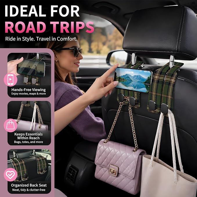 Car Seat Back Storage Hook, Funny Car Purse Hook, Cute Vehicle Storage Organizer for Purses Handbags Brown Green Plaid
