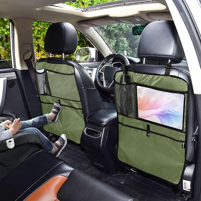 Dark Green Car Seat Organizer for Kids Backseat Kick Mat with Adjustable Strap Seat Back Protector for SUV Cars Vehicle 1 Pcs