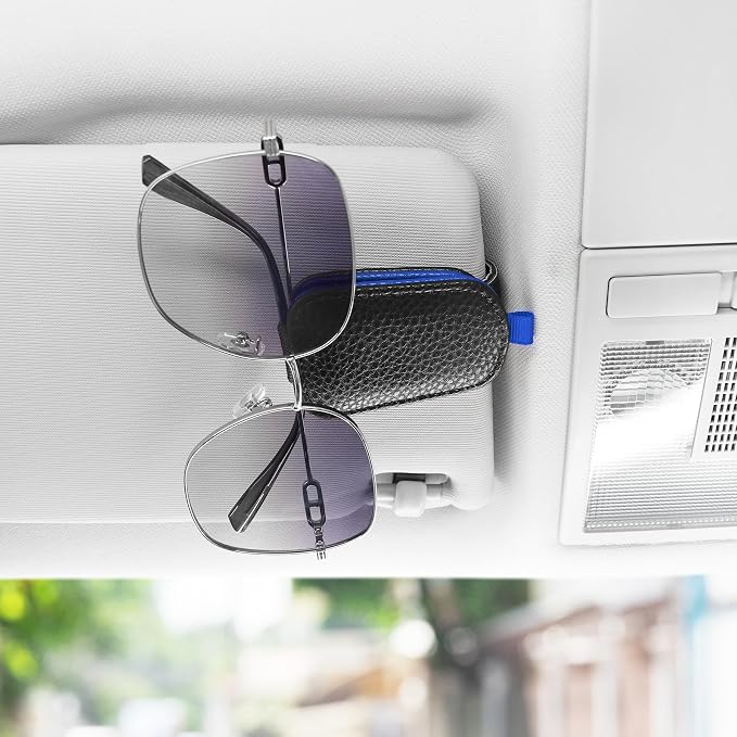 Sunglasses Holder for Car, Leather Magnetic Buckle Sun Visor Sunglass Clip, Ticket Card Storage Glasses Clip, Car Interior Accessories for Men and Women（Black-Blue）