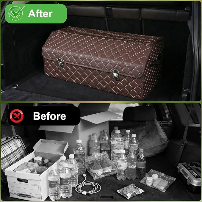 Trunk Organizer with Lid for Car Foldable Storage Box Heavy Duty PU Leather Cargo Organizer for SUV Sedan Waterproof (Brown, Large)